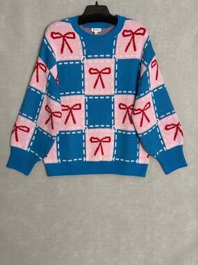 Sugarlips Belora Checker Bow Sweater Oversized Long Sleeves Women's XL NEW